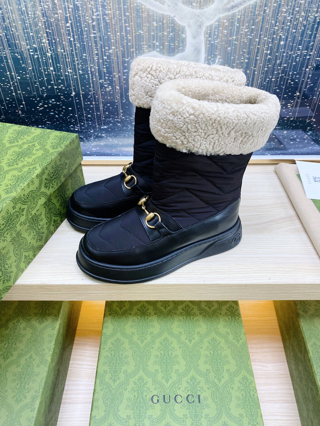 GUCCI HORSEBIT ANKLE BOOTS WITH MERINO TRIM IN BLACK NYLON MIX CALFSKIN