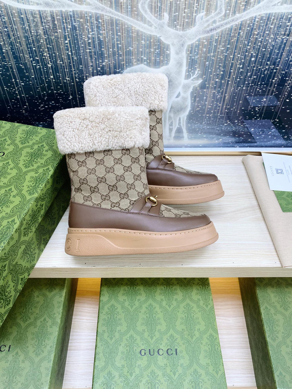 GUCCI HORSEBIT ANKLE BOOTS WITH MERINO TRIM IN BEIGE JACQUARD FABRIC MIX BROWN CALFSKIN