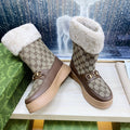 GUCCI HORSEBIT ANKLE BOOTS WITH MERINO TRIM IN BEIGE JACQUARD FABRIC MIX BROWN CALFSKIN