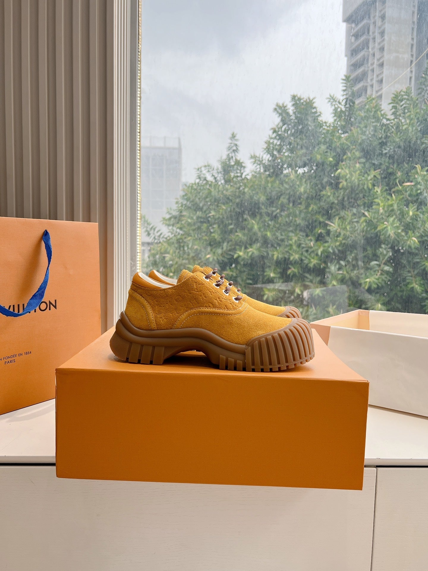 LOUIS VUITTON LV ARCHLIGHT SKATE SNEAKER IN HARVEST GOLD EMBOSSED SUEDE