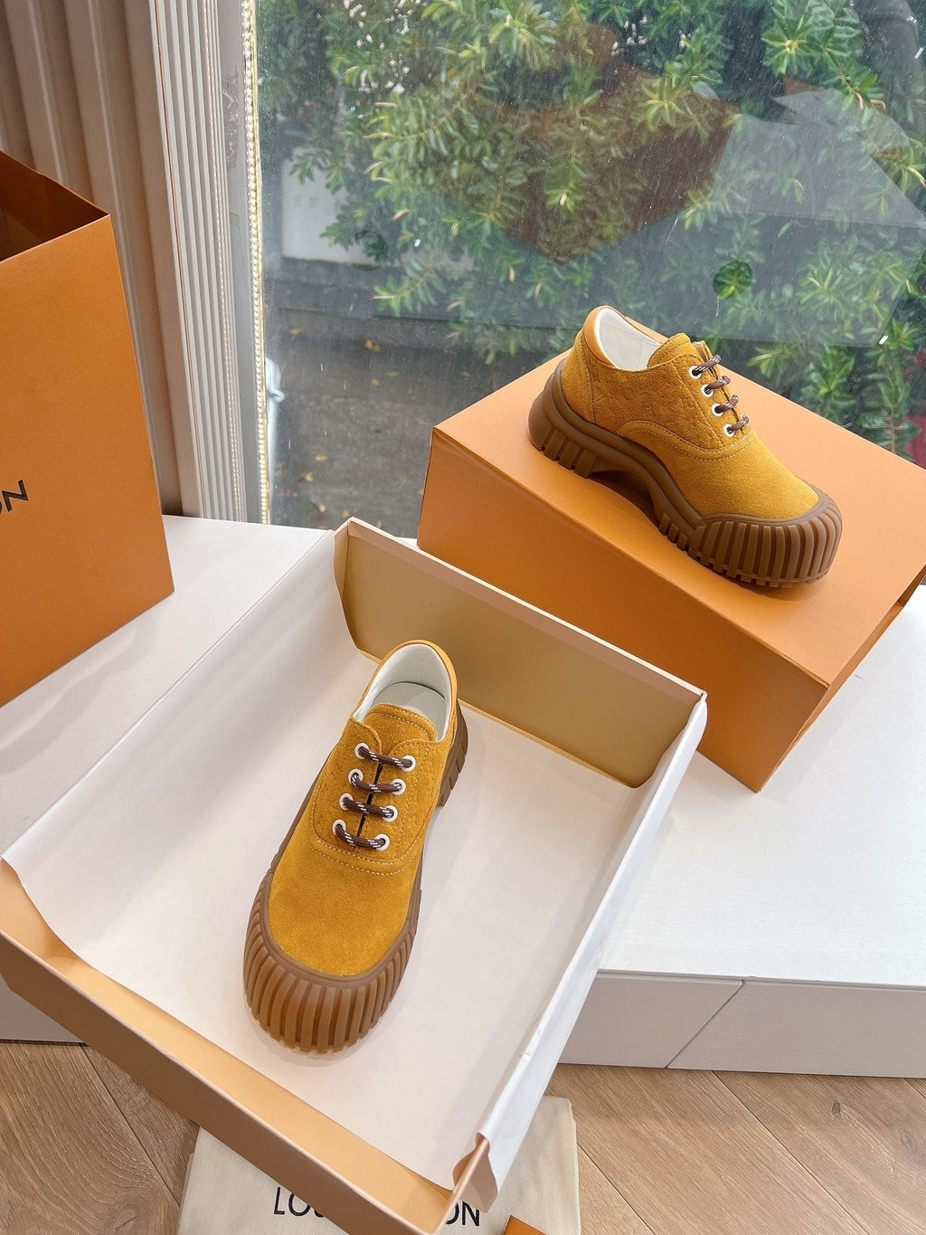 LOUIS VUITTON LV ARCHLIGHT SKATE SNEAKER IN HARVEST GOLD EMBOSSED SUEDE