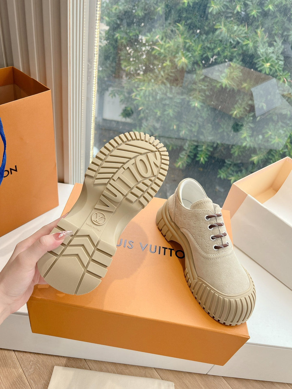 LOUIS VUITTON LV ARCHLIGHT SKATE SNEAKER IN PALE BROWN EMBOSSED SUEDE