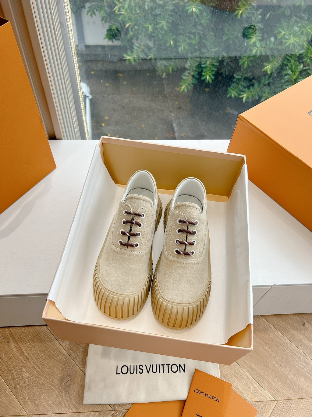 LOUIS VUITTON LV ARCHLIGHT SKATE SNEAKER IN PALE BROWN EMBOSSED SUEDE