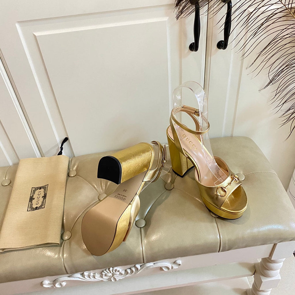 GUCCI HORSEBIT PLATFORM SANDAL IN GOLD YELLOW SHEEPSKIN