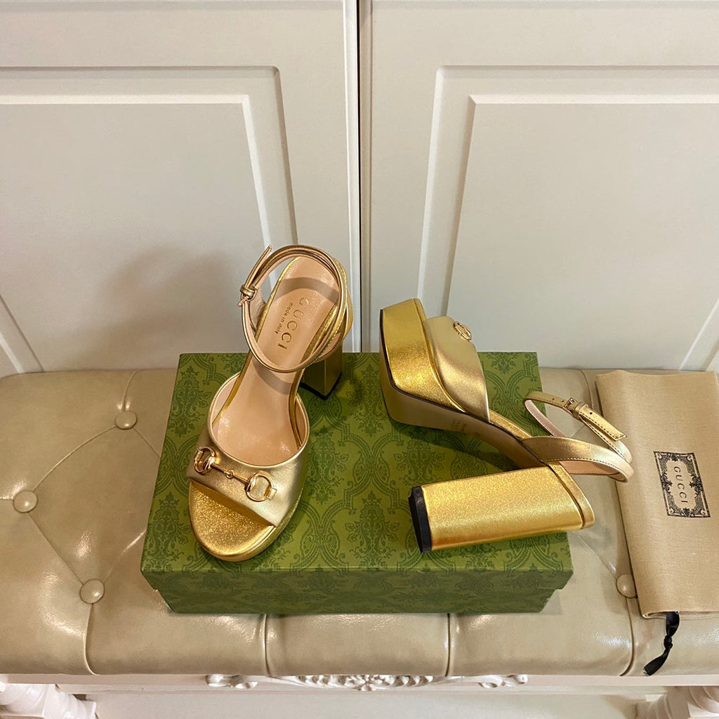 GUCCI HORSEBIT PLATFORM SANDAL IN GOLD YELLOW SHEEPSKIN