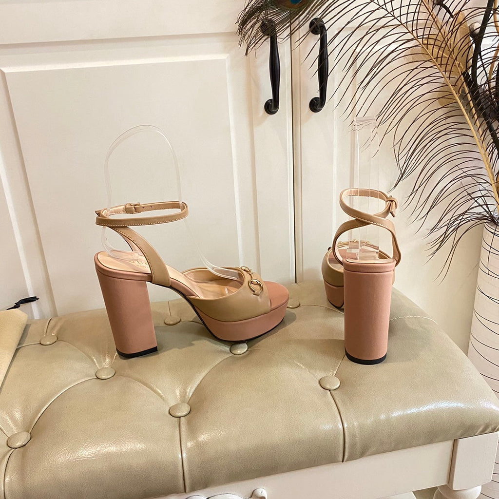 GUCCI HORSEBIT PLATFORM SANDAL IN WHEAT BEIGE MIX LIGHT PINK SHEEPSKIN