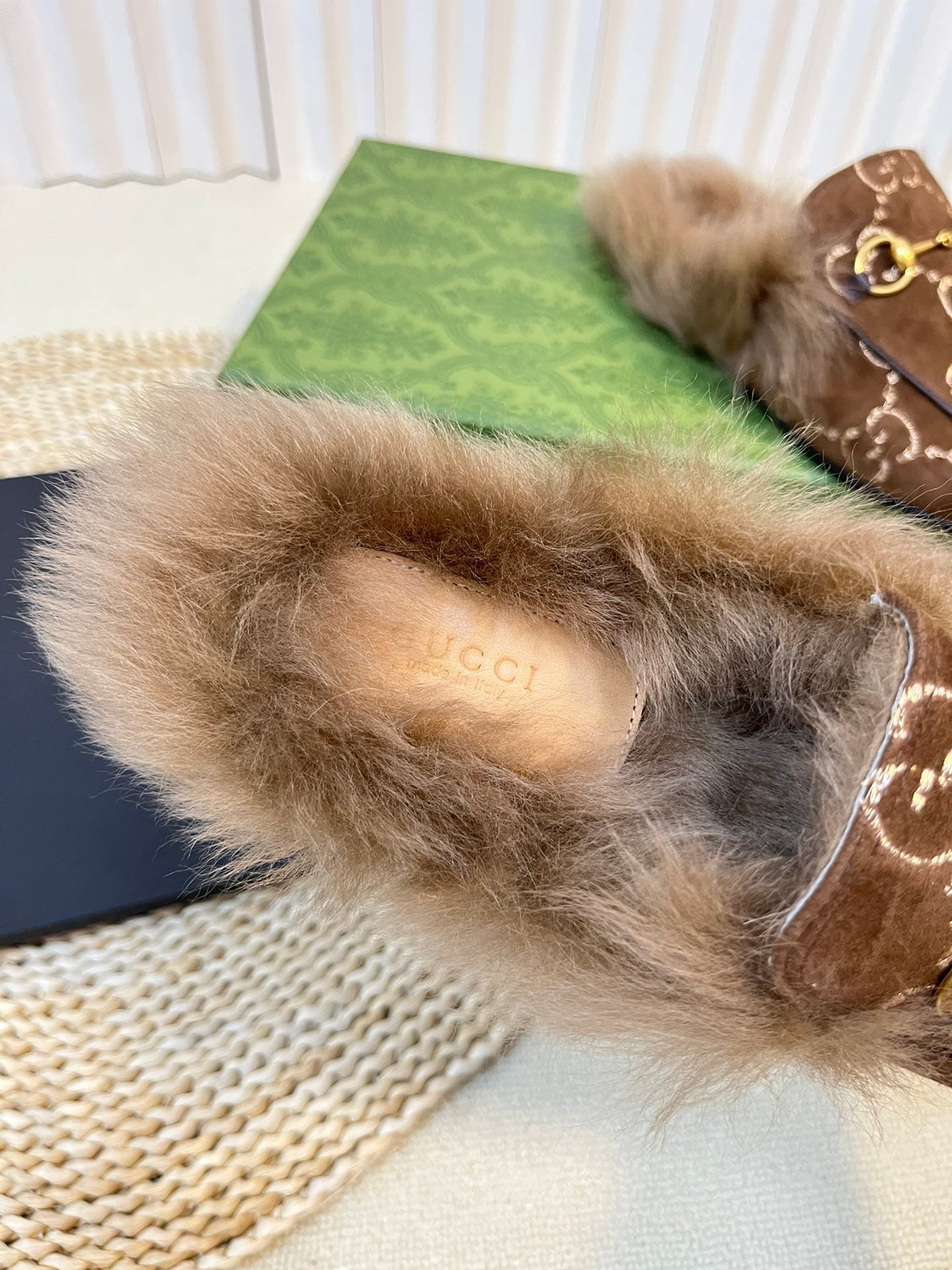 GUCCI HORSEBIT MULE IN COCOA BROWN MONOGRAM VELVET AND LAMB WOOL LINING