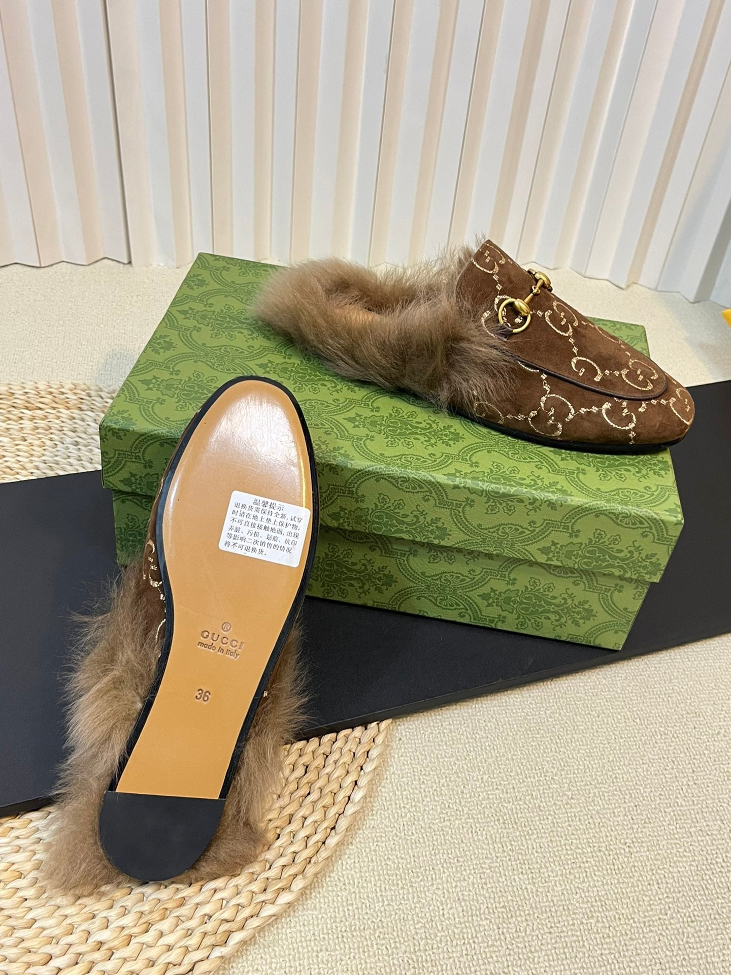 GUCCI HORSEBIT MULE IN COCOA BROWN MONOGRAM VELVET AND LAMB WOOL LINING