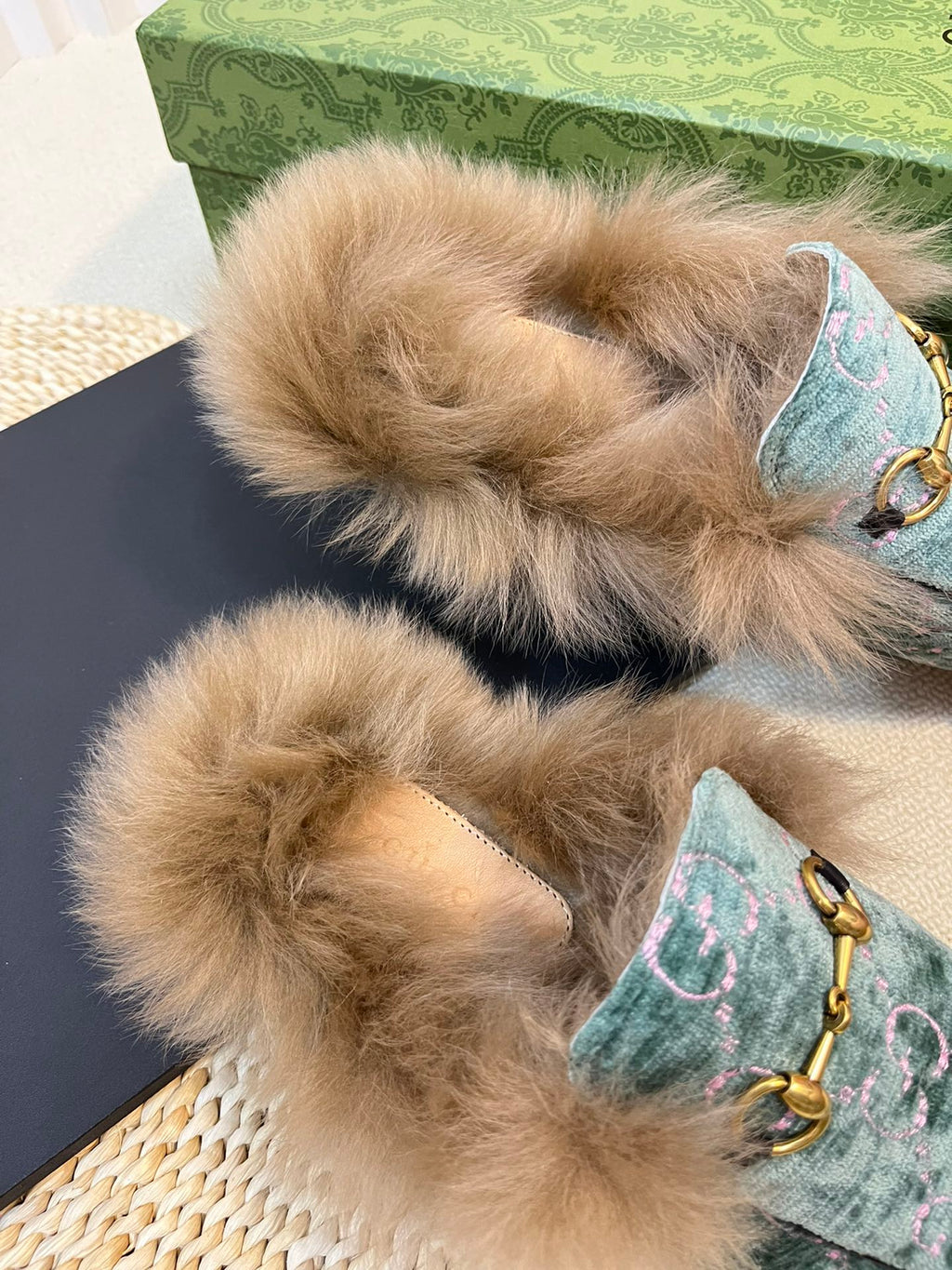 GUCCI HORSEBIT MULE IN TURQUOISE MONOGRAM VELVET AND LAMB WOOL LINING