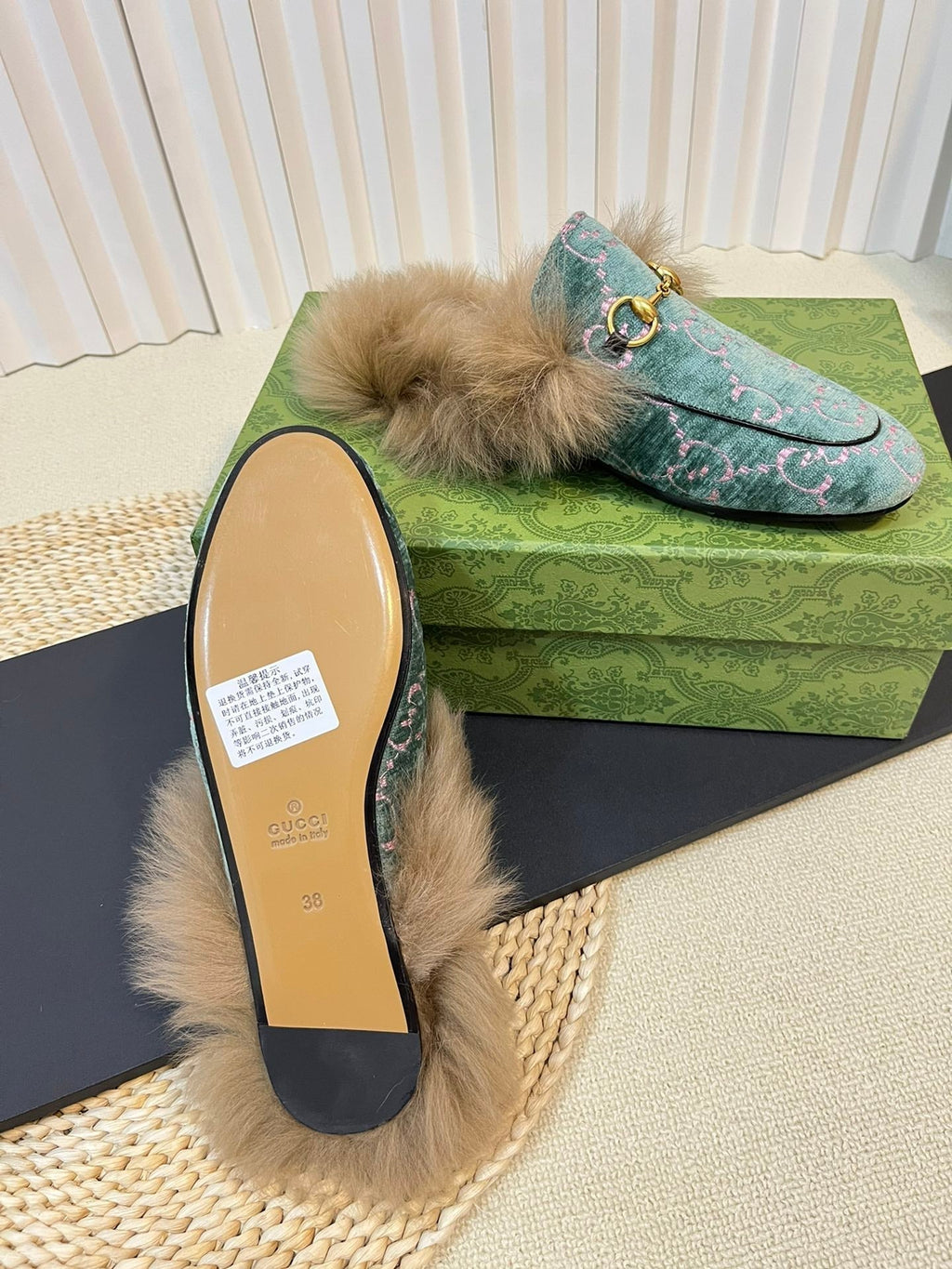 GUCCI HORSEBIT MULE IN TURQUOISE MONOGRAM VELVET AND LAMB WOOL LINING