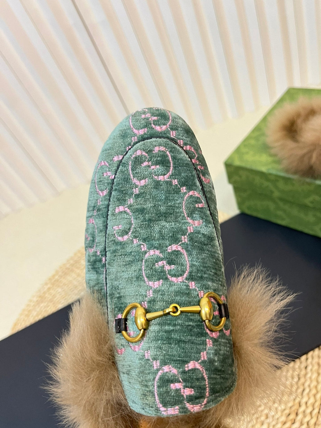 GUCCI HORSEBIT MULE IN TURQUOISE MONOGRAM VELVET AND LAMB WOOL LINING
