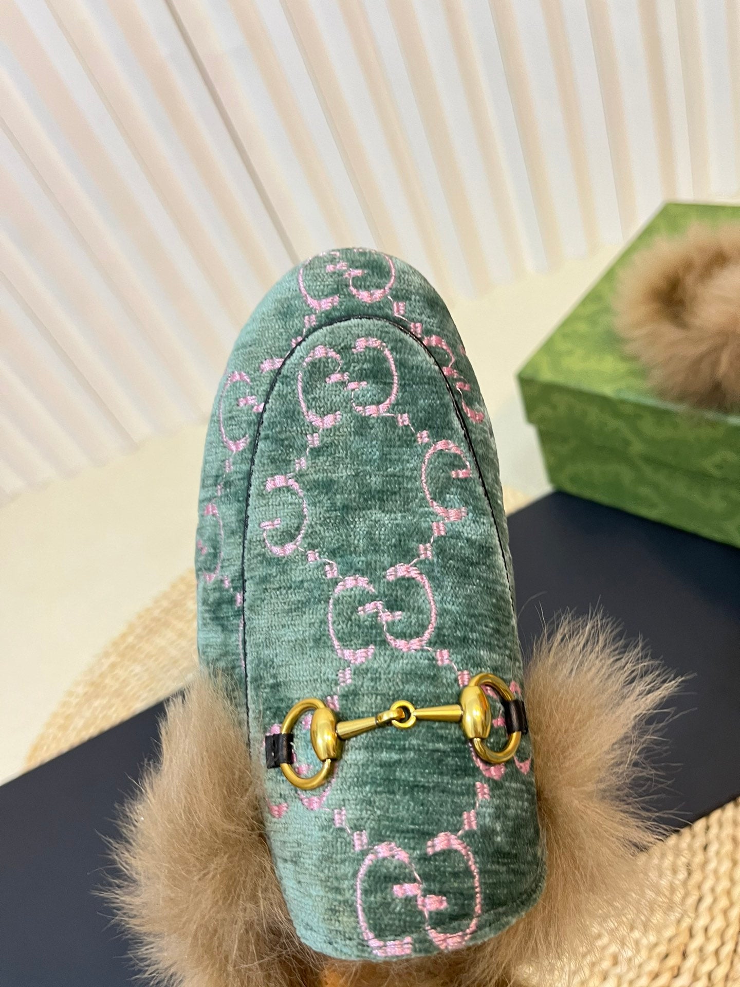 GUCCI HORSEBIT MULE IN TURQUOISE MONOGRAM VELVET AND LAMB WOOL LINING