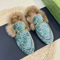 GUCCI HORSEBIT MULE IN TURQUOISE MONOGRAM VELVET AND LAMB WOOL LINING