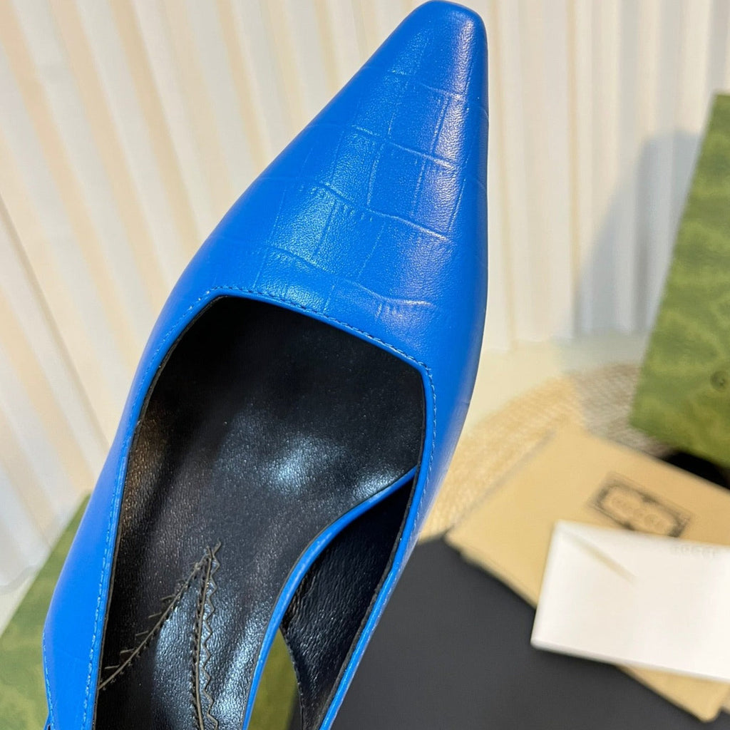 GUCCI Women's G pointed silver-letter Logo slingbacks Azure Blue