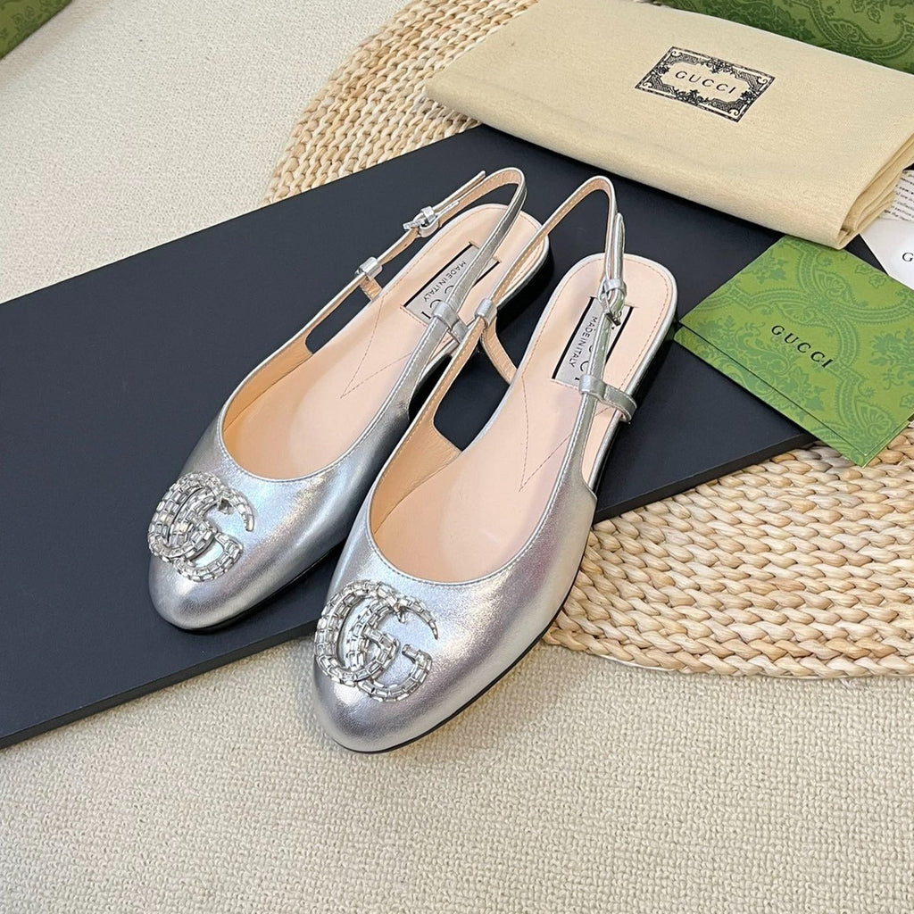 GUCCI Double G patent leather slingback ballet flats Sliver