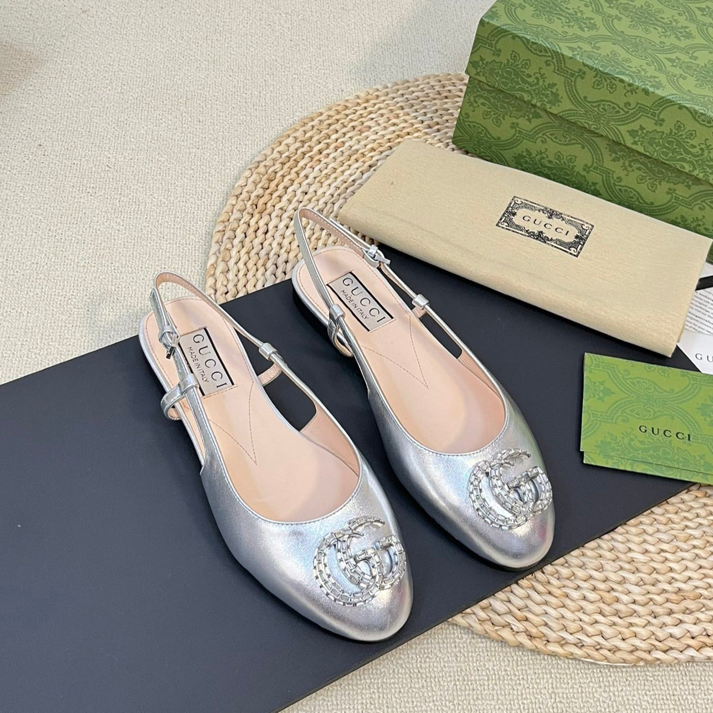 GUCCI Double G patent leather slingback ballet flats Sliver