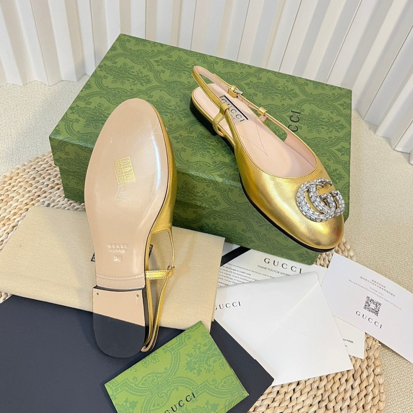 GUCCI Double G patent leather slingback ballet flats Gold