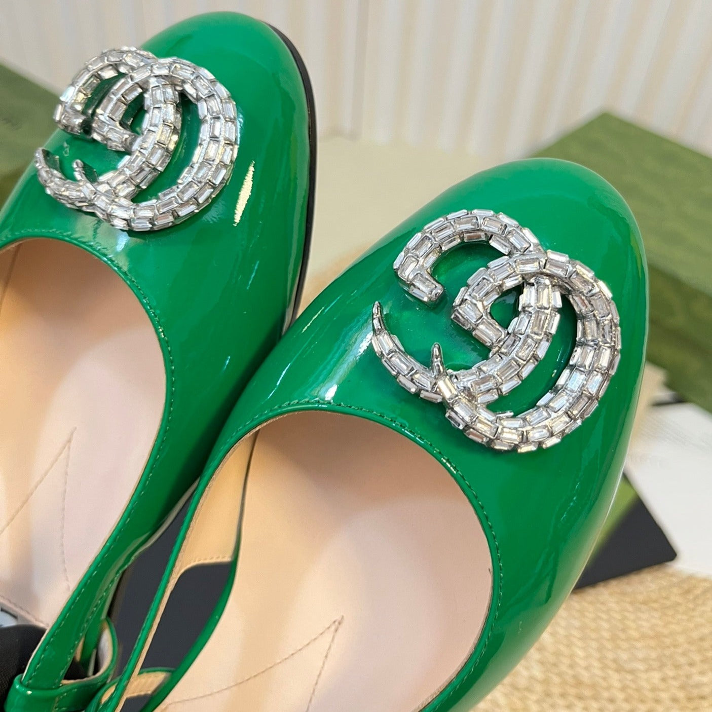 GUCCI Double G patent leather slingback ballet flats Glossy Forest Green