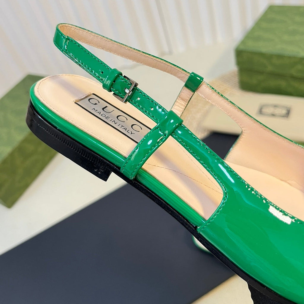 GUCCI Double G patent leather slingback ballet flats Glossy Forest Green