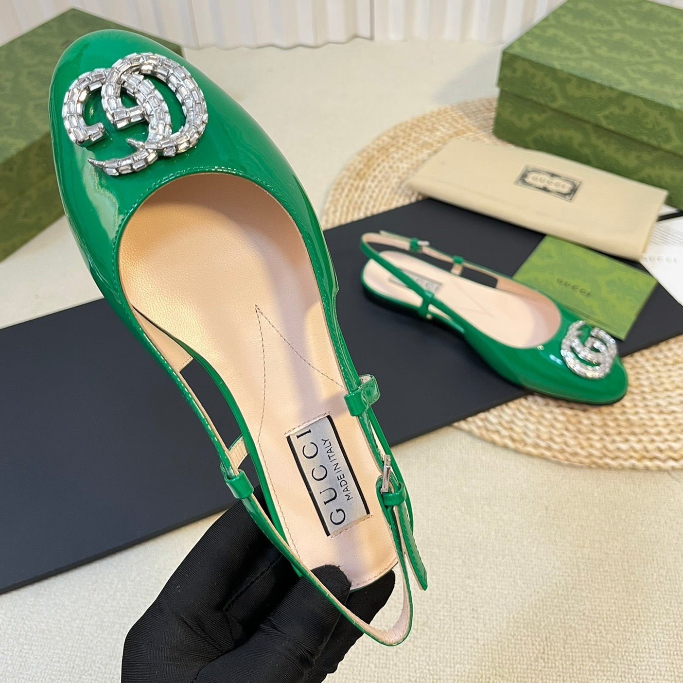 GUCCI Double G patent leather slingback ballet flats Glossy Forest Green