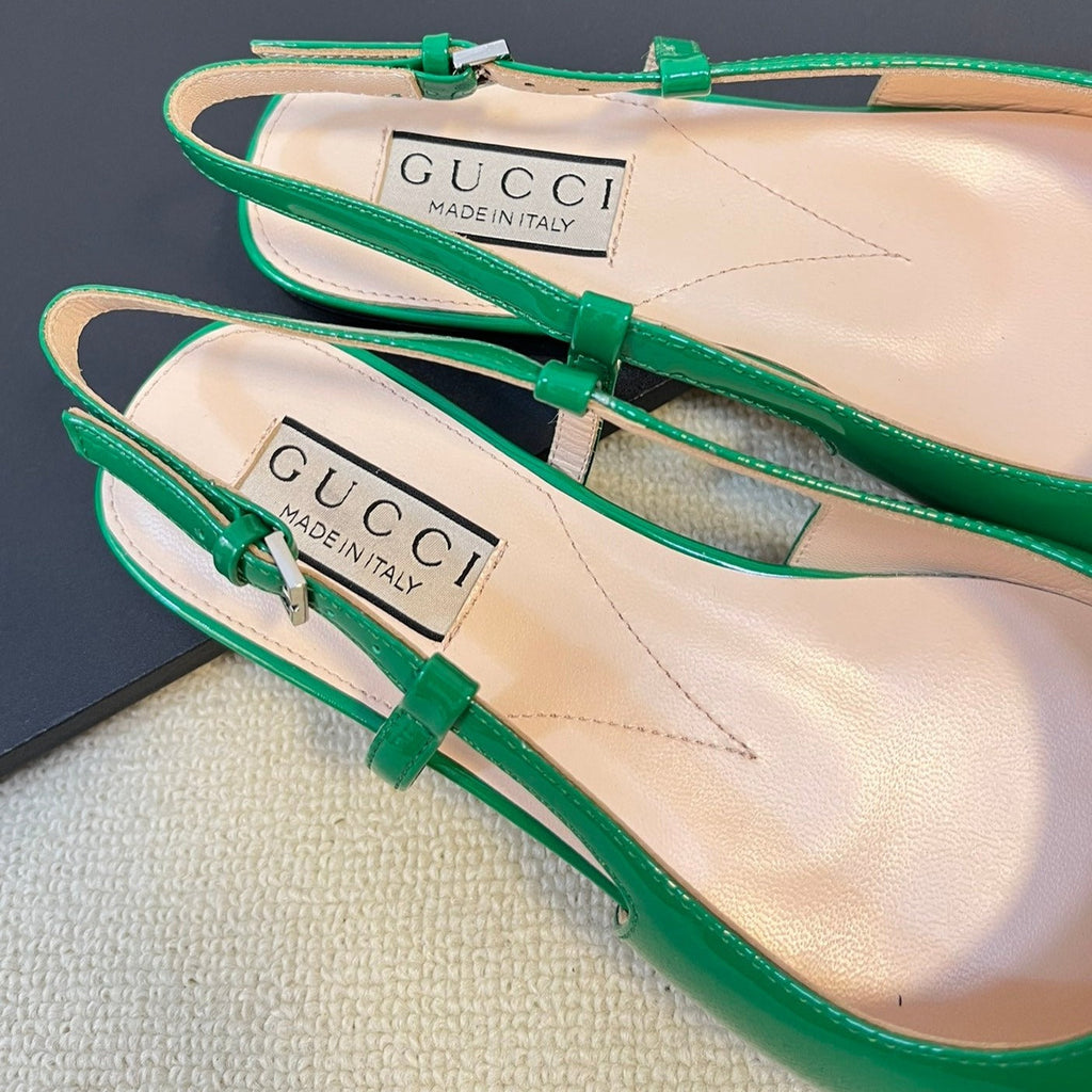 GUCCI Double G patent leather slingback ballet flats Glossy Forest Green