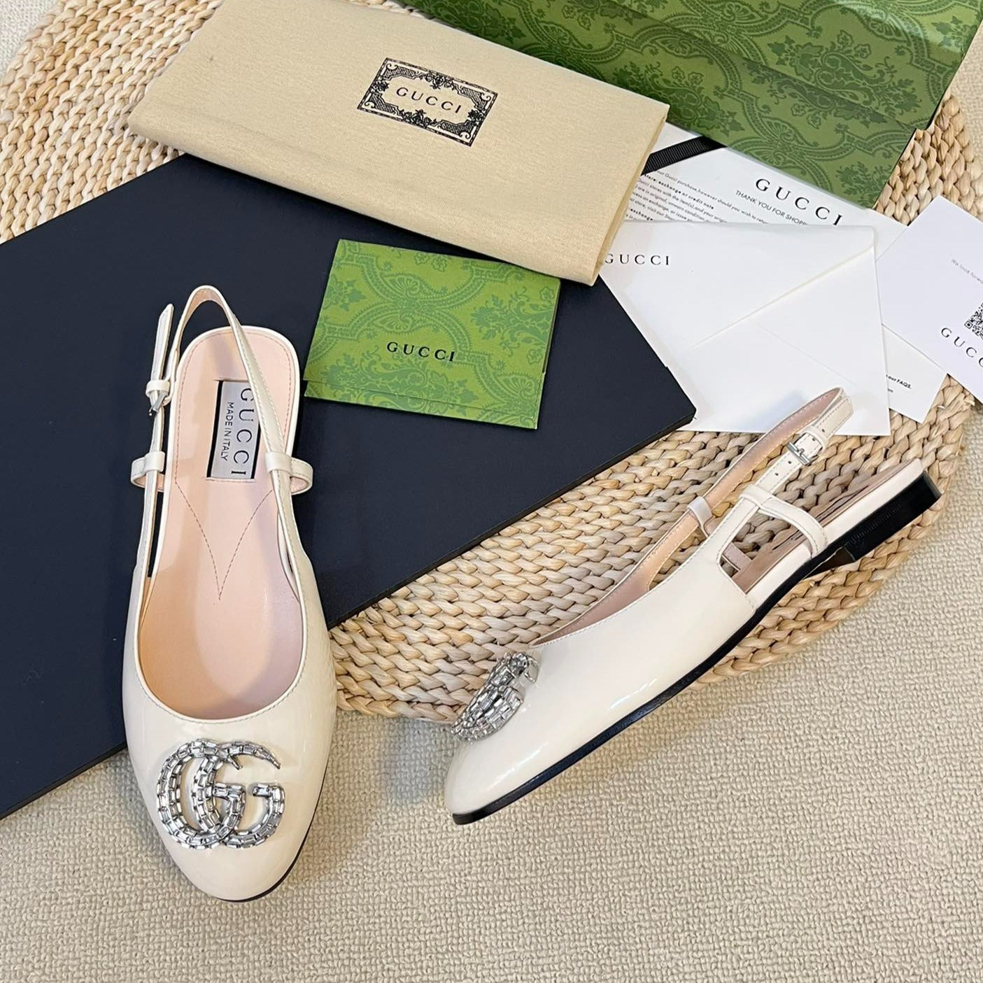 GUCCI Double G patent leather slingback ballet flats Glossy White