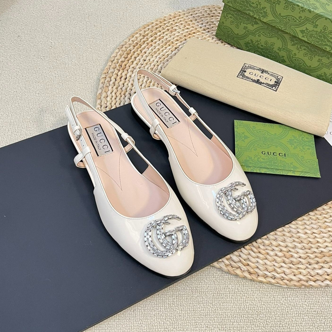 GUCCI Double G patent leather slingback ballet flats Glossy White