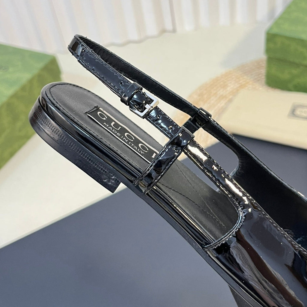 GUCCI Double G patent leather slingback ballet flats Glossy Black