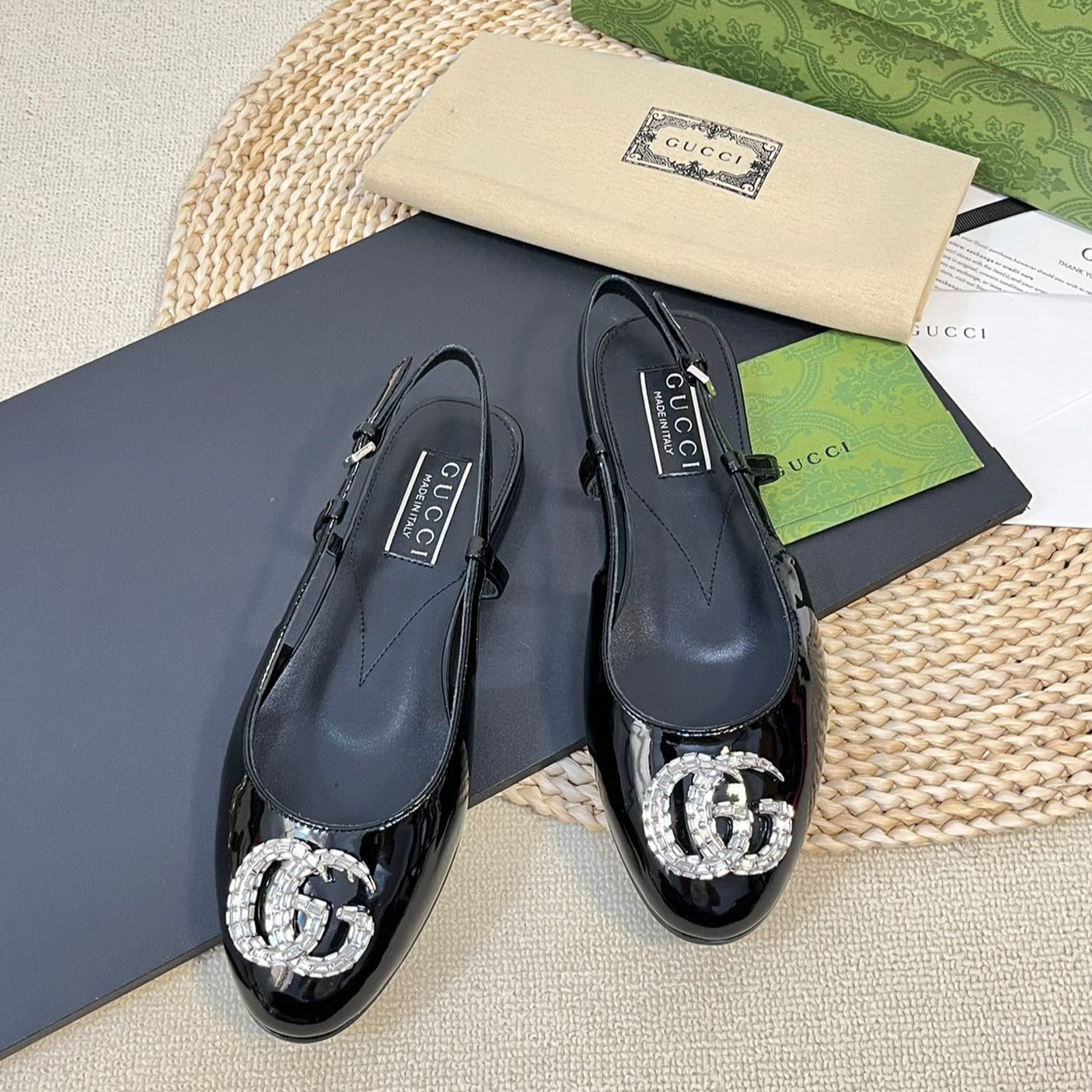 GUCCI Double G patent leather slingback ballet flats Glossy Black