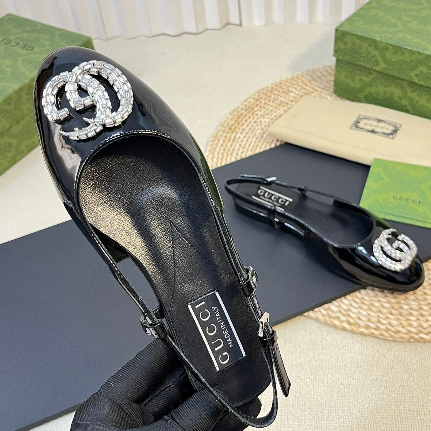 GUCCI Double G patent leather slingback ballet flats Glossy Black