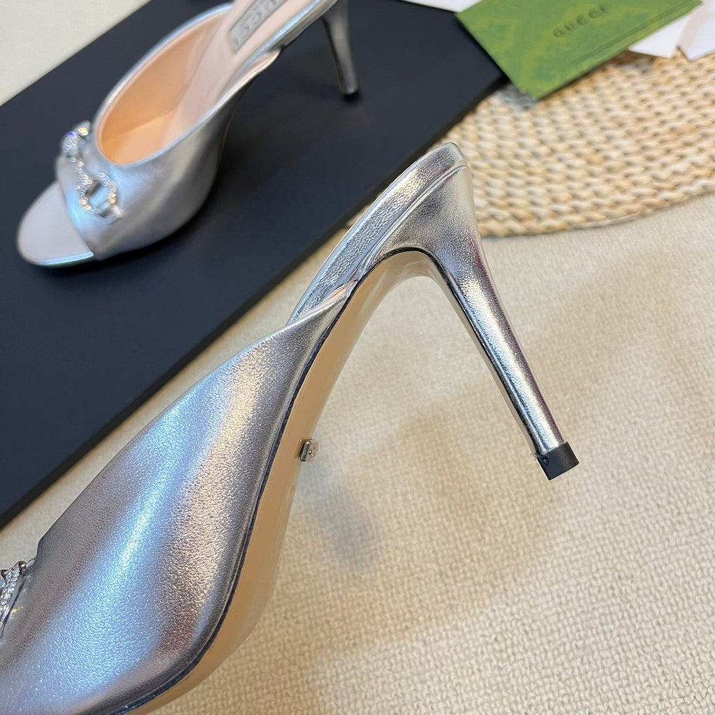 GUCCI Women's Horsebit mid-heel slide sandal in Silver