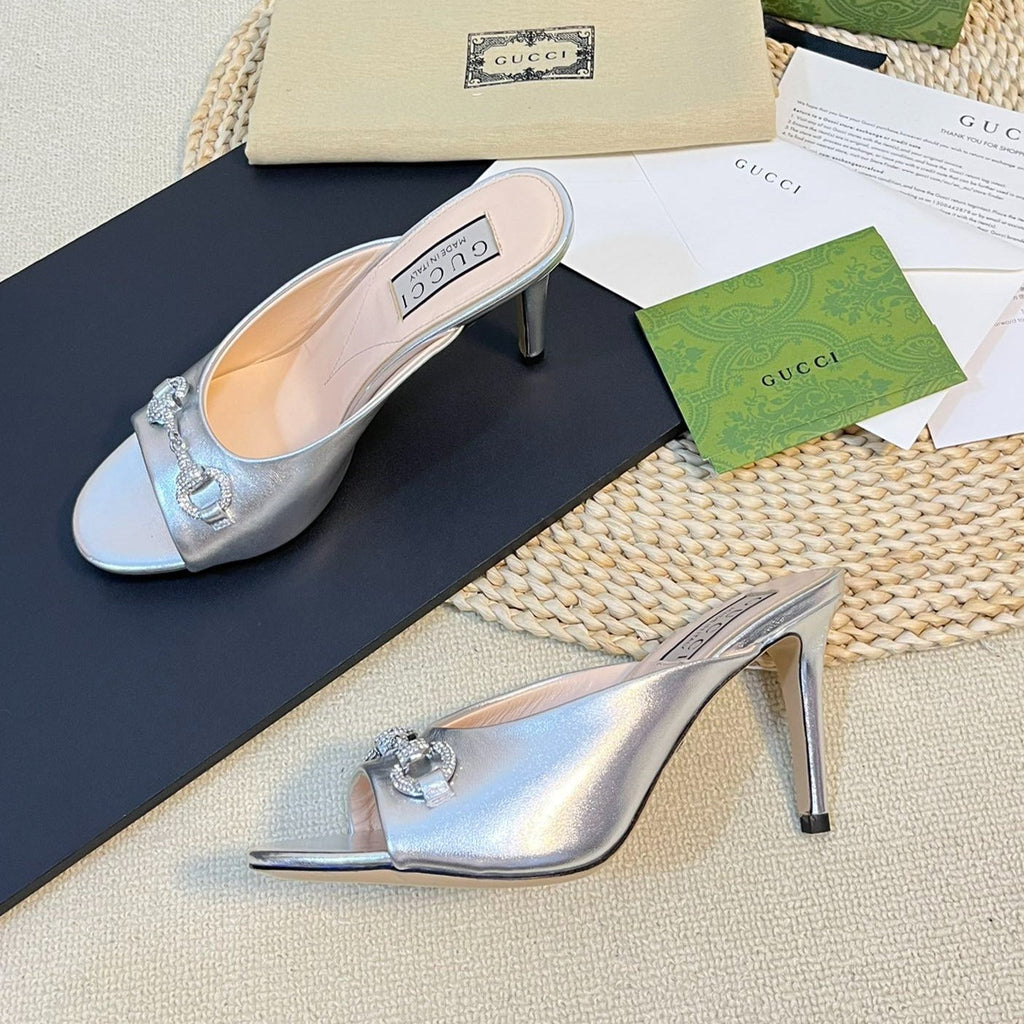 GUCCI Women's Horsebit mid-heel slide sandal in Silver