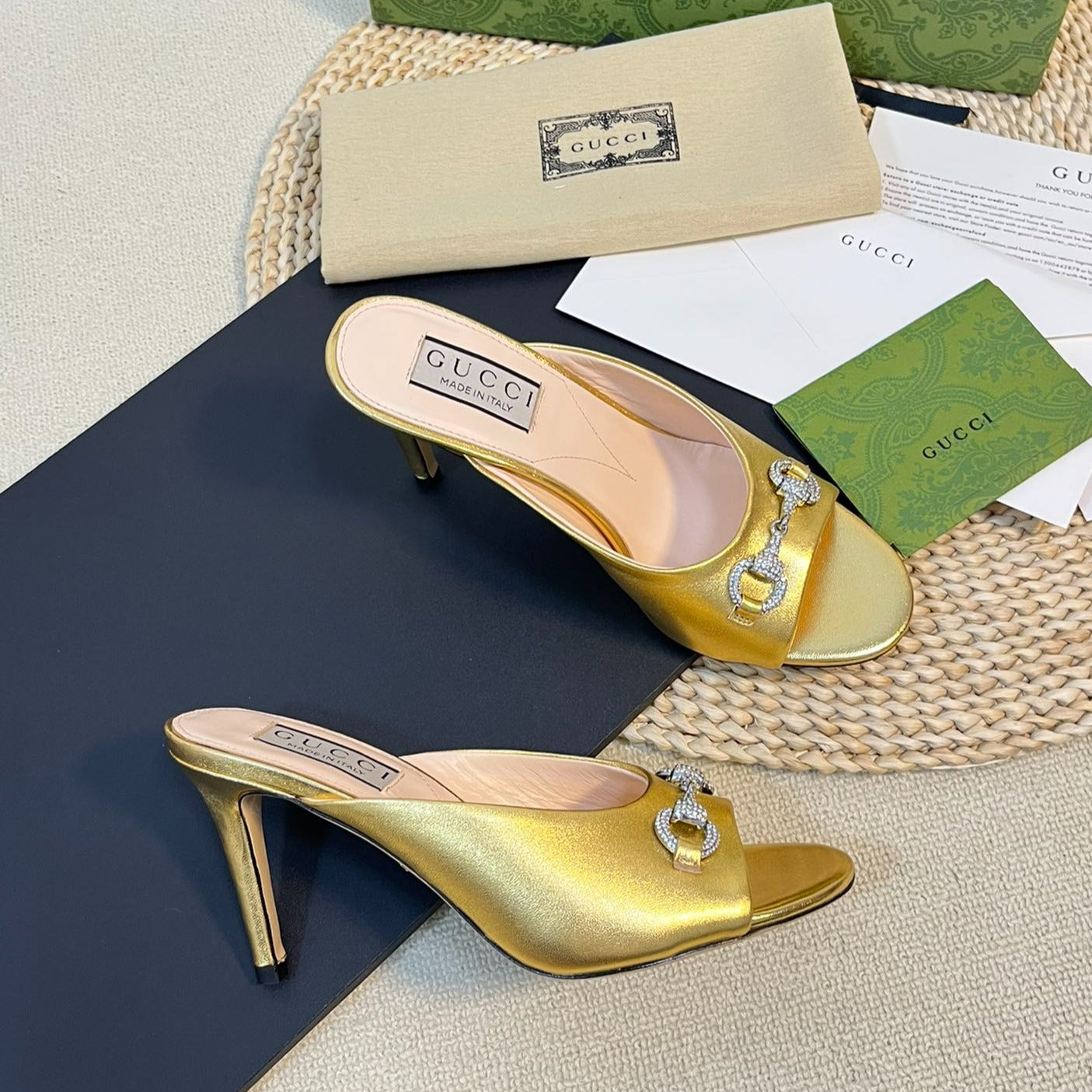 GUCCI Women's Horsebit mid-heel slide sandal in Gold