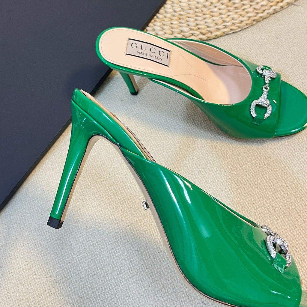 GUCCI Women's Horsebit mid-heel slide sandal in glossy Jade Green
