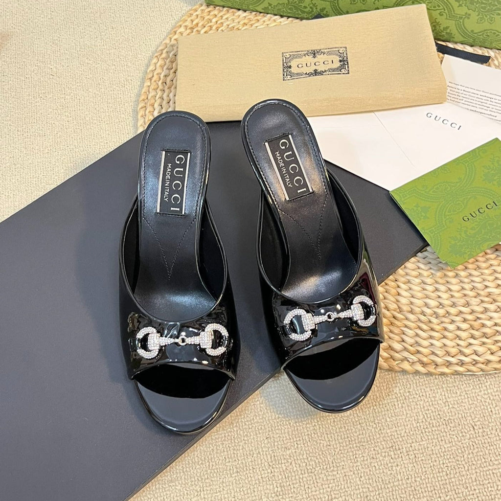 GUCCI Women's Horsebit mid-heel slide sandal in glossy black leather