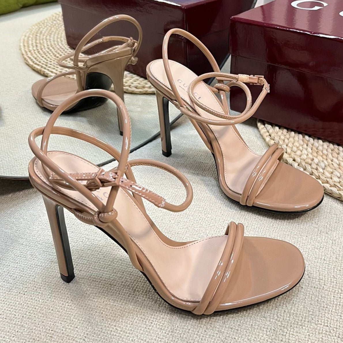 GUCCI HIGH SANDAL 10 CM IN TAN BEIGE GLOSSY CALFSKIN