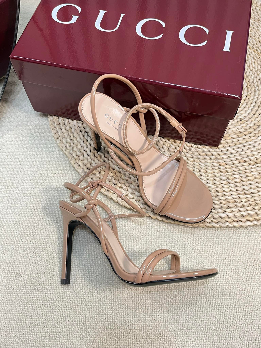 GUCCI HIGH SANDAL 10 CM IN TAN BEIGE GLOSSY CALFSKIN