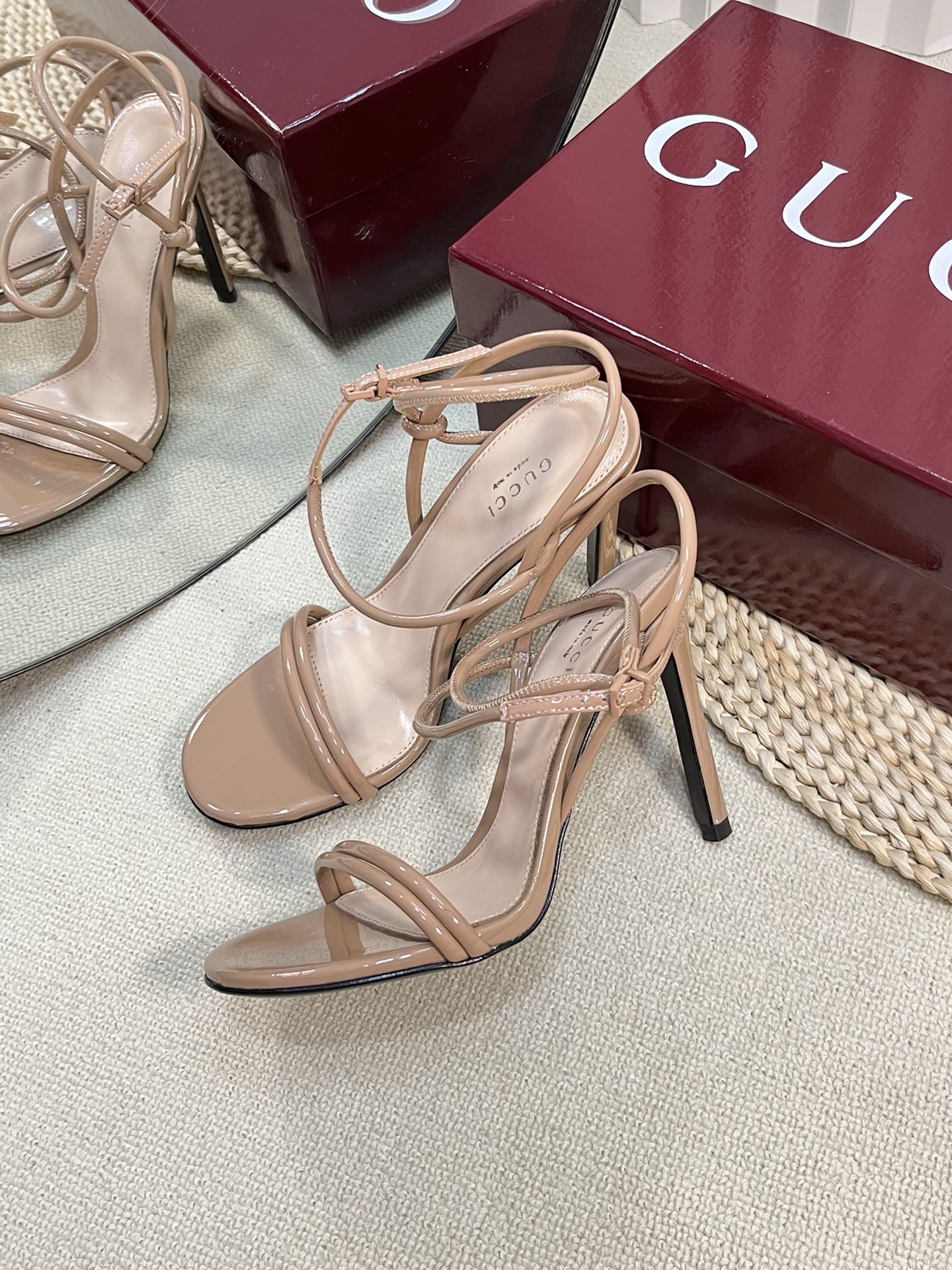 GUCCI HIGH SANDAL 10 CM IN TAN BEIGE GLOSSY CALFSKIN
