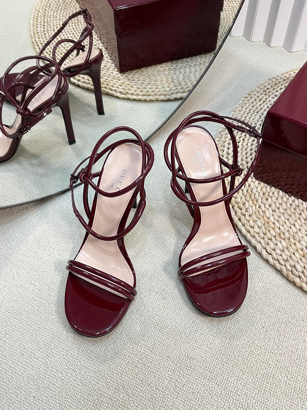 GUCCI HIGH SANDAL 10 CM IN BERRY RED GLOSSY CALFSKIN
