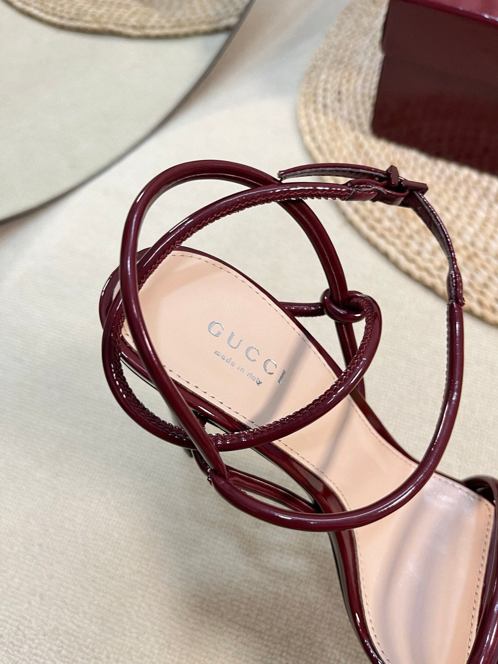 GUCCI HIGH SANDAL 10 CM IN BERRY RED GLOSSY CALFSKIN