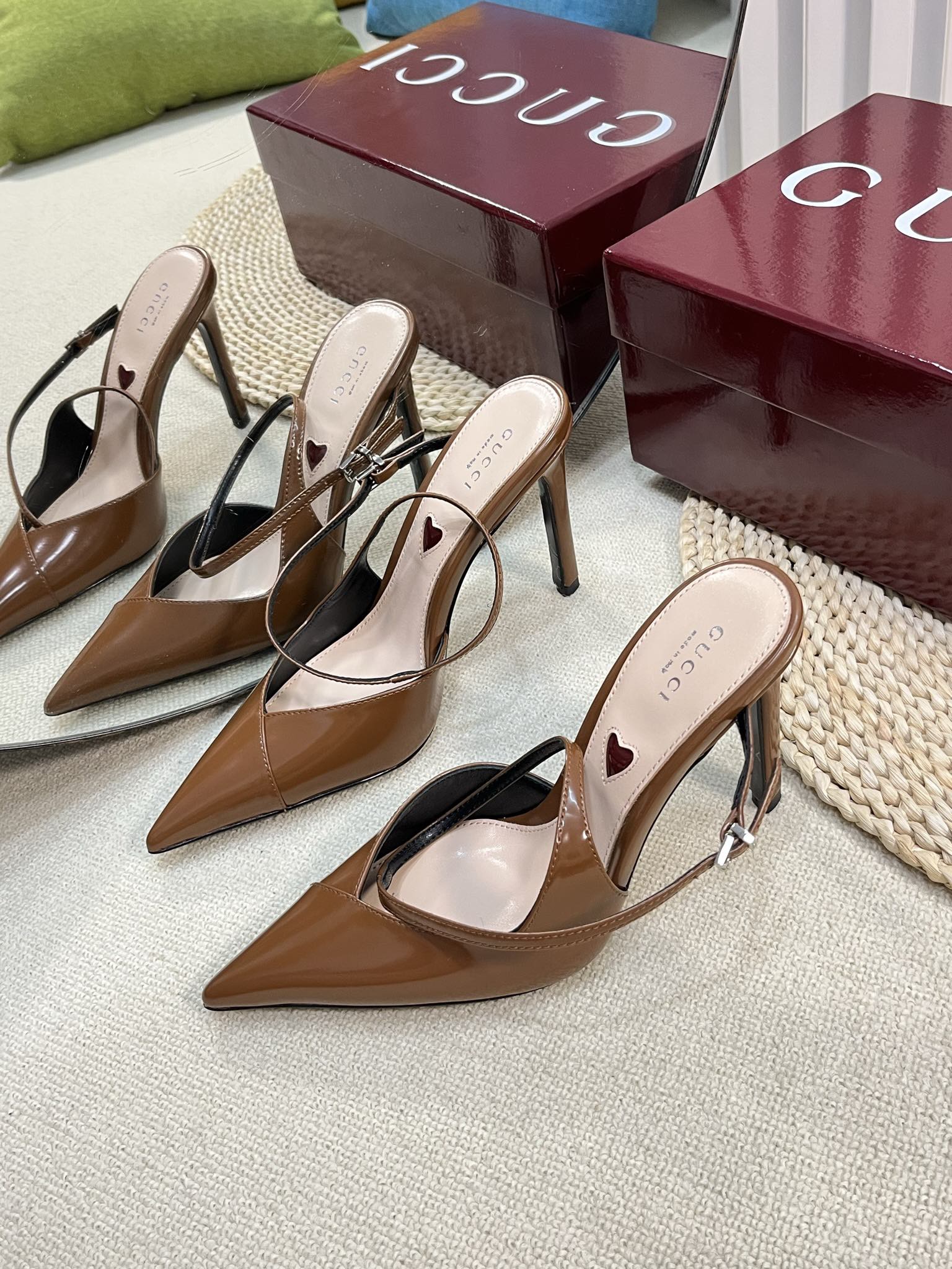 GUCCI HIGH SLINGBACK PUMP 10 CM IN BRONZE BROWN GLOSSY CALFSKIN