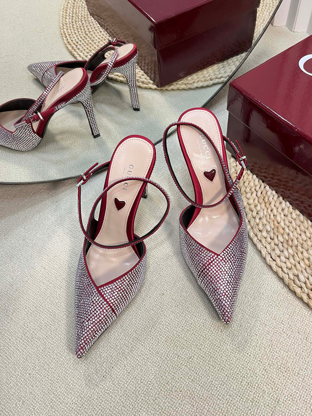 GUCCI HIGH SLINGBACK 10 CM IN CHERRY RED SILK WITH FULL RHINSTONES