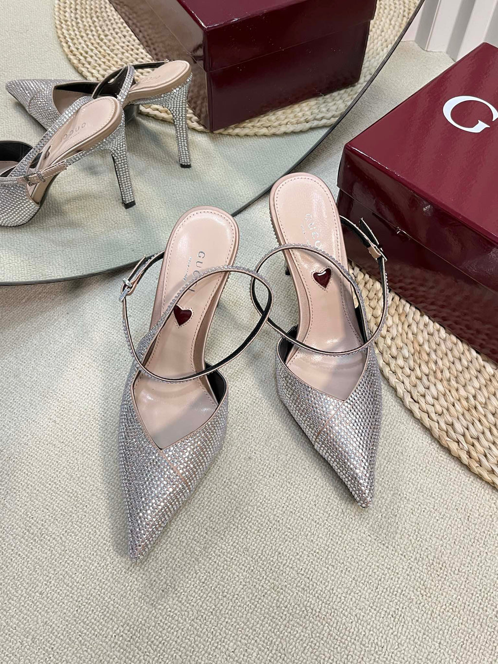 GUCCI HIGH SLINGBACK 10 CM IN BEIGE SILK WITH FULL RHINSTONES