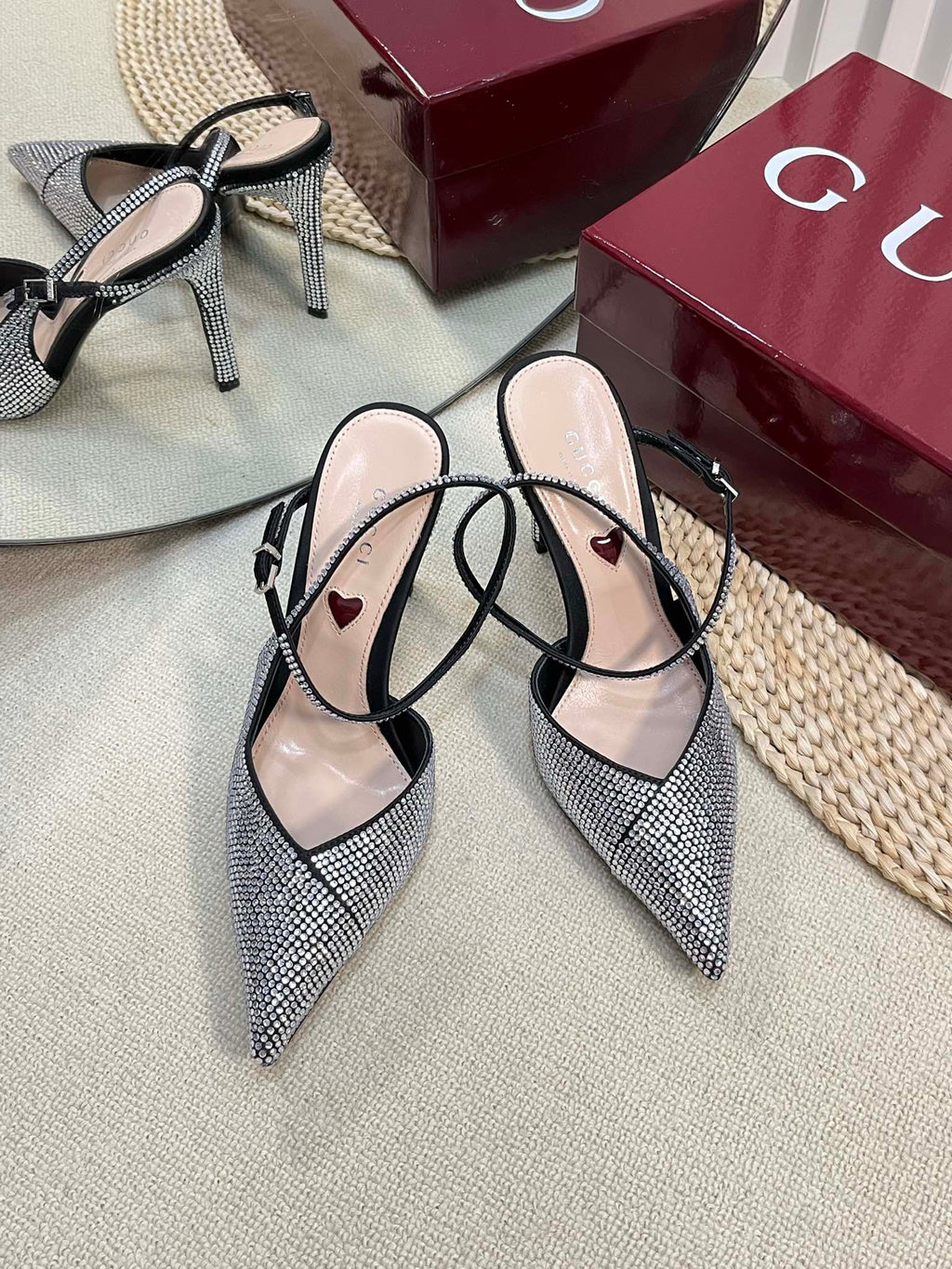 GUCCI HIGH SLINGBACK 10 CM IN BLACK SILK WITH FULL RHINSTONES