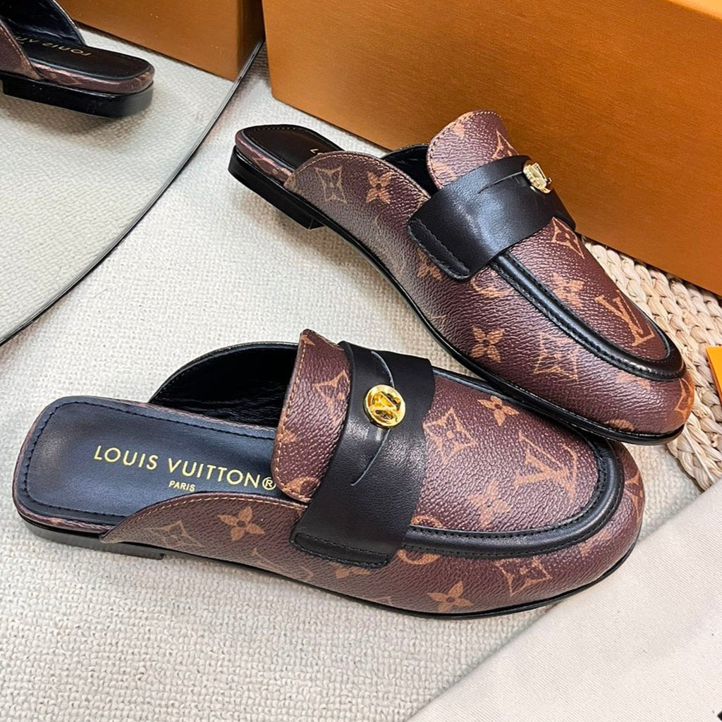 LOUIS VUITTON LV CAPRI OPEN BACK LOAFERS IN CHESTNUT BROWN MONOGRAM CALFSKIN