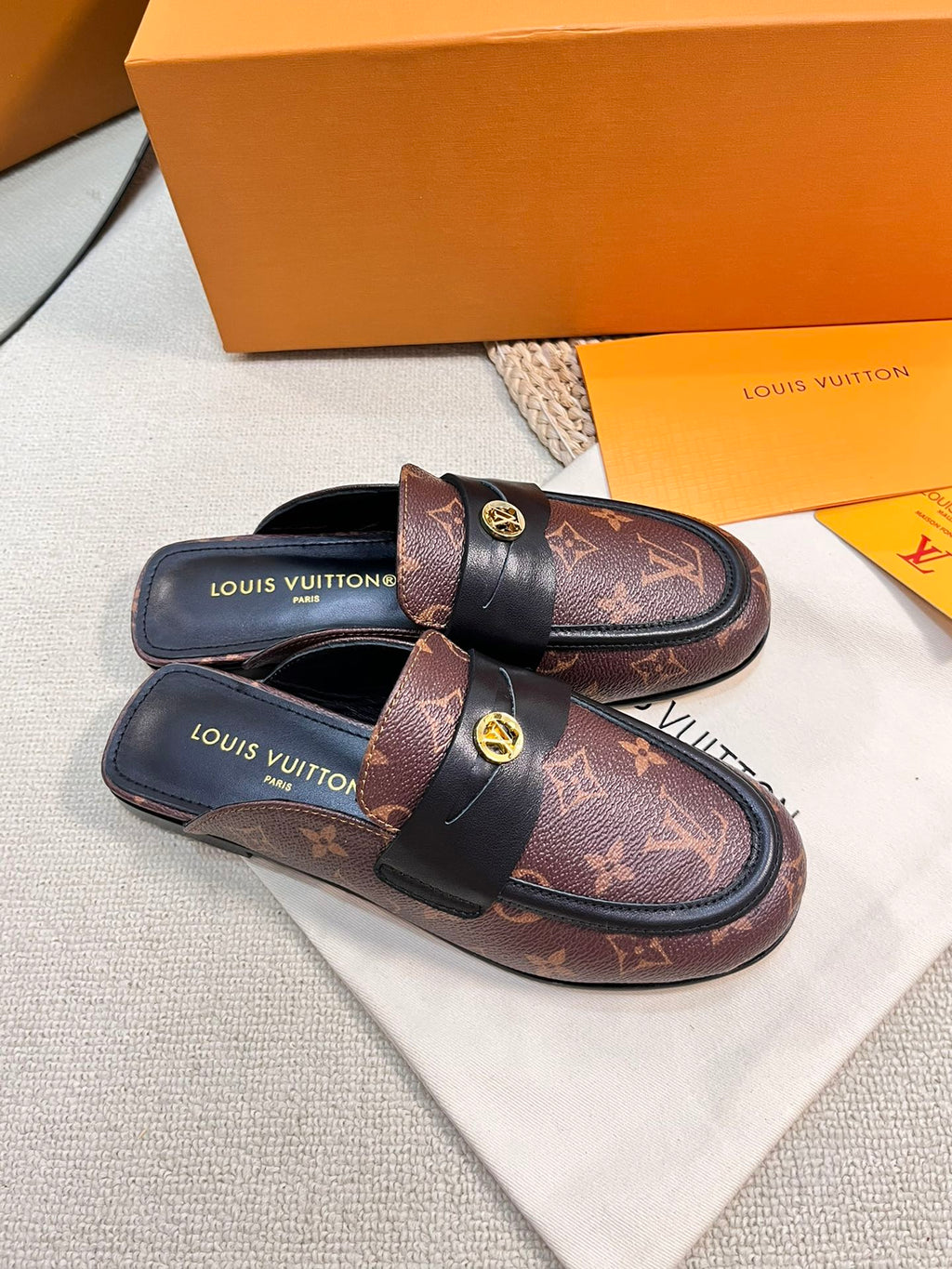 LOUIS VUITTON LV CAPRI OPEN BACK LOAFERS IN CHESTNUT BROWN MONOGRAM CALFSKIN