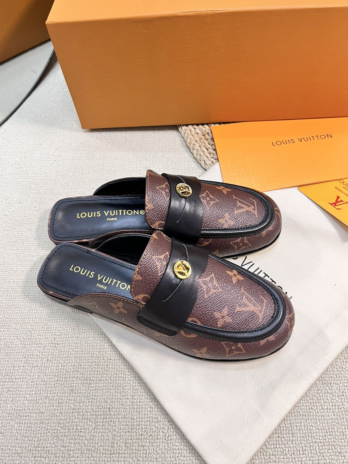 LOUIS VUITTON LV CAPRI OPEN BACK LOAFERS IN CHESTNUT BROWN MONOGRAM CALFSKIN