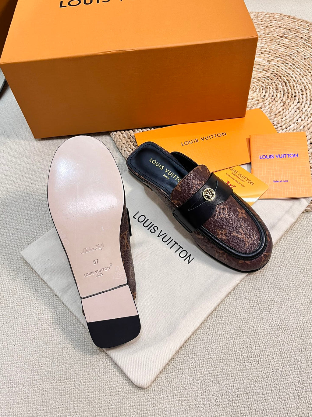 LOUIS VUITTON LV CAPRI OPEN BACK LOAFERS IN CHESTNUT BROWN MONOGRAM CALFSKIN