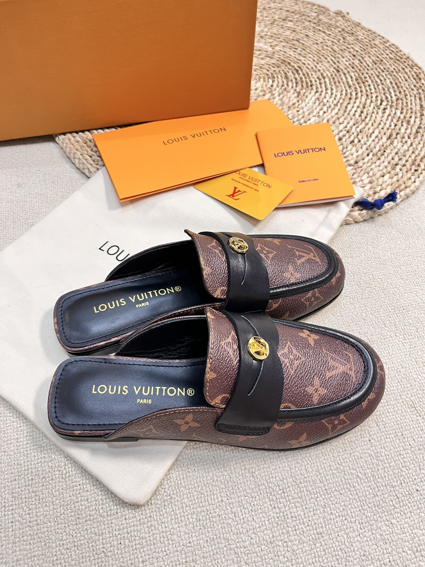 LOUIS VUITTON LV CAPRI OPEN BACK LOAFERS IN CHESTNUT BROWN MONOGRAM CALFSKIN