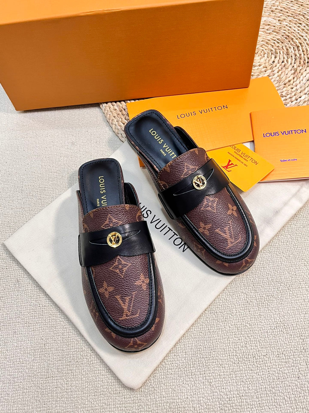LOUIS VUITTON LV CAPRI OPEN BACK LOAFERS IN CHESTNUT BROWN MONOGRAM CALFSKIN